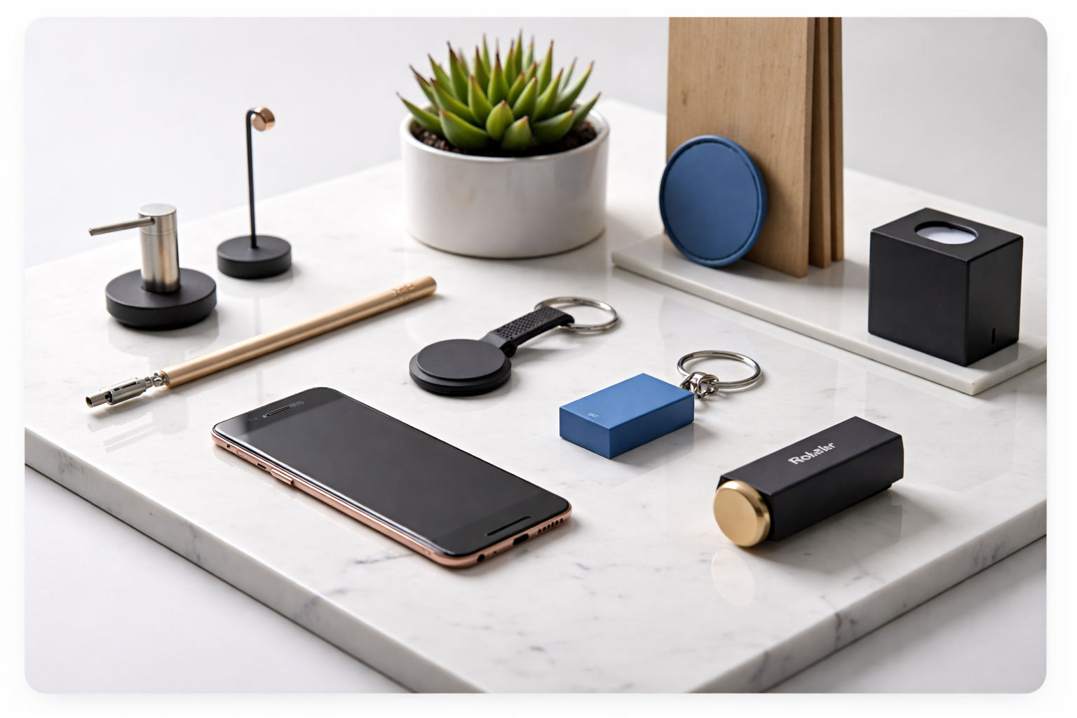 Colorful 3D printed objects including geometric shapes, figurines, and models